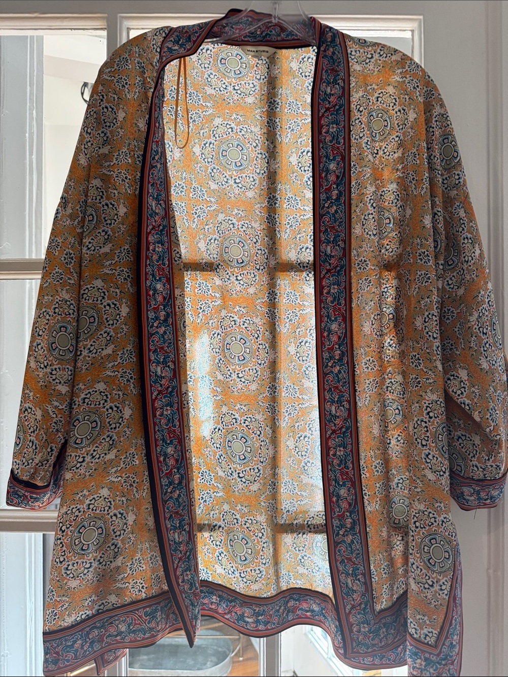 Max Studio Mustard Floral Open-Front Kimono with Navy Trim